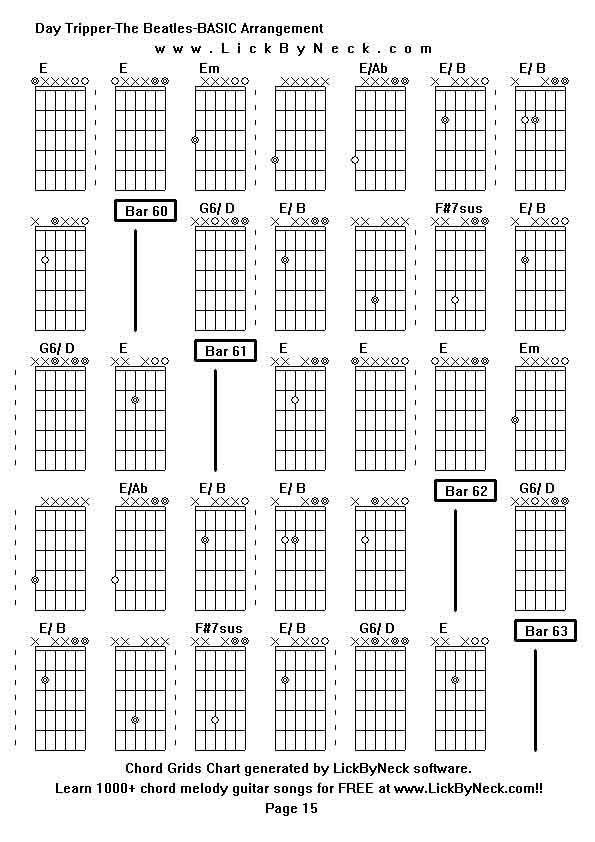 Chord Grids Chart of chord melody fingerstyle guitar song-Day Tripper-The Beatles-BASIC Arrangement,generated by LickByNeck software.